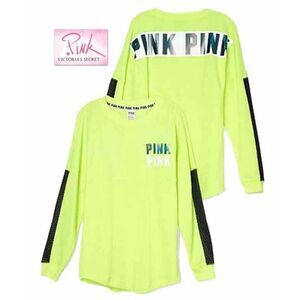 NWT XS Victoria's Secret PINK Neon Green Black Mesh Varsity Crew Sweatshirt Top